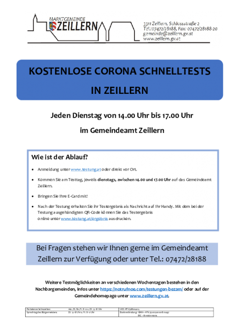 Kostenlose Corona Schnelltests in Zeillern