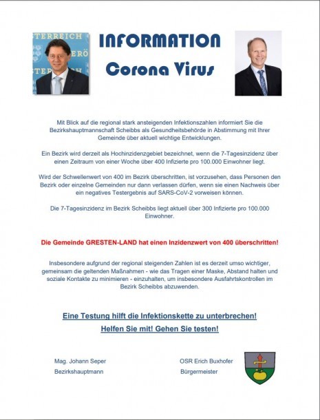 Aussendung Gemeinde Gresten-Land Hochinzidenz