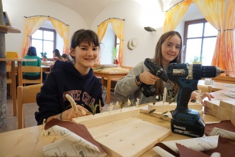 Lorena Dorninger und Katharina Burhofer in der Kreativwelt beim Basteln mit Holz und Trockenblumen.