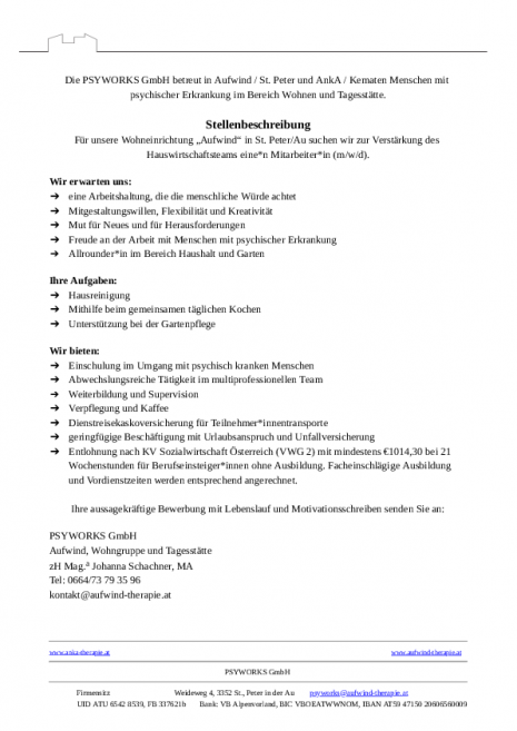 Stellenausschreibung Hauspersonal