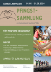 Pfingstsammlung 2024 Plakat A4 mit Fotos und grafische Elementen in gelb und blau Farben