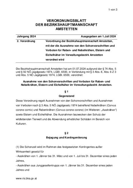 2. Verordnung 2024 - Ausnahme von den Schonvorschriften und Verboten für Raben - und Nebelkrähen, Elstern und Eichelhäher im Verwaltungsbezirk Amstetten.pdf