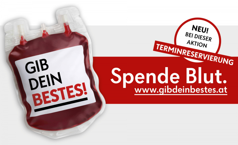 Ein Plastiksack mit roter Schrift, die auffordert: „Spende Blut.“