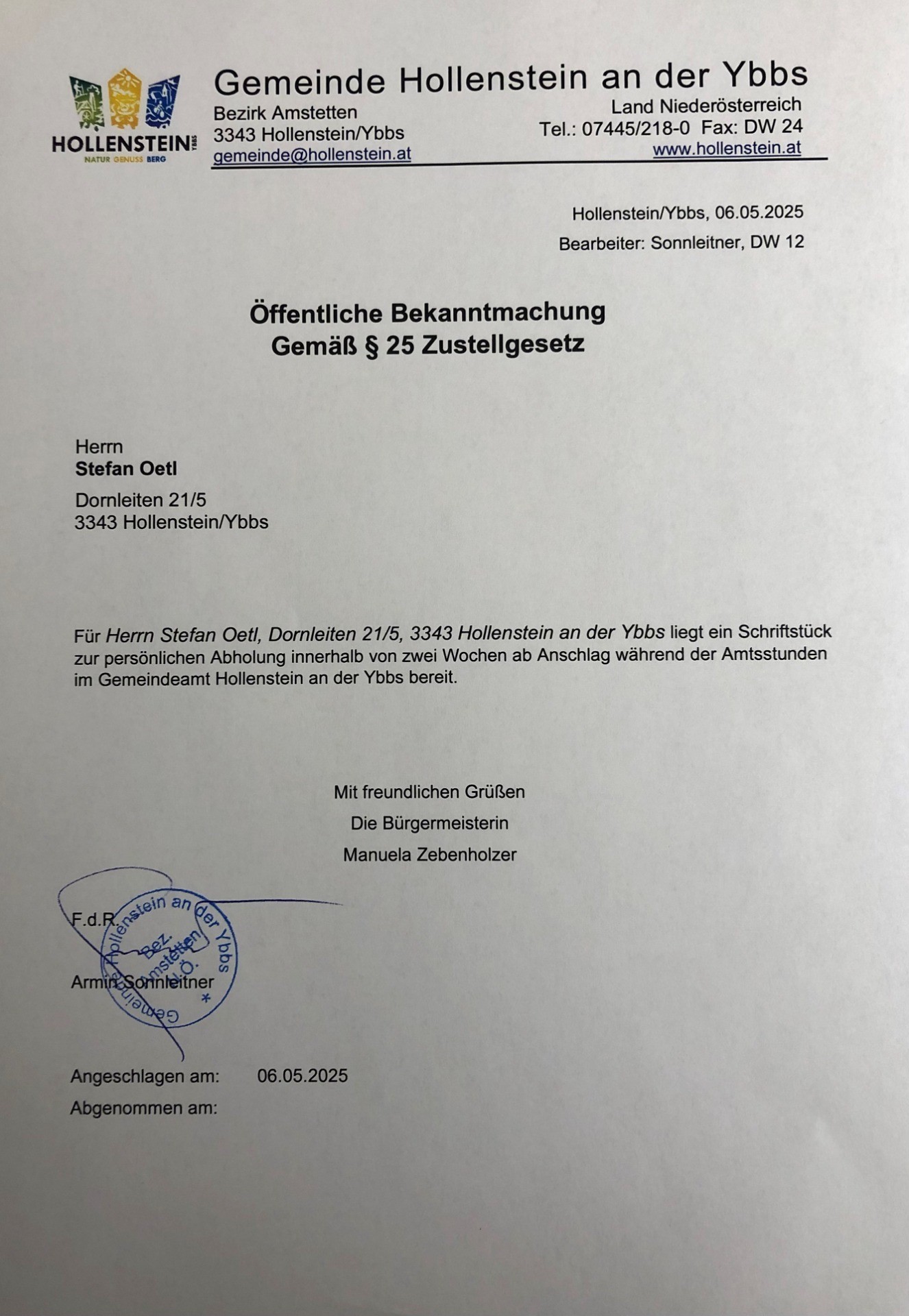 Oetl Stefan; Öffentliche Bekanntmachung gem. § 25 Zustellgesetz.jpg