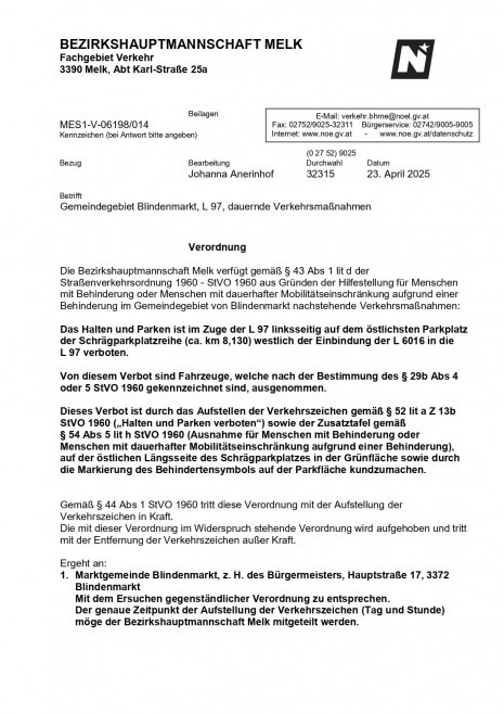 Verordnung BH Melk_Halten u. Parken L 97 linksseitig auf dem östlichsten Parkplatz der Schrägparkplatzreihe (ca. km 8,130) westlich d Einbringung der L6016 in die L97 verboten_page-0001.jpg