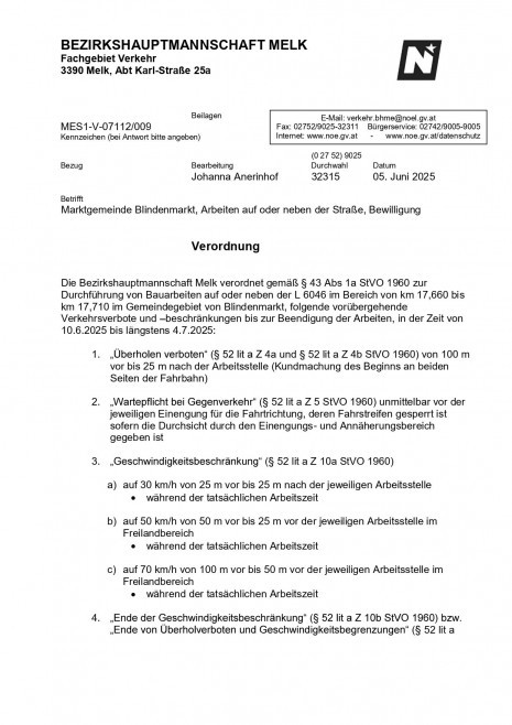 Verordnung BH Melk - Arbeiten auf oder neben der L6016 im Bereich von km 17,660 bis km 17,710 im Gemeindegebiet von Blindenmarkt_page-0001.jpg