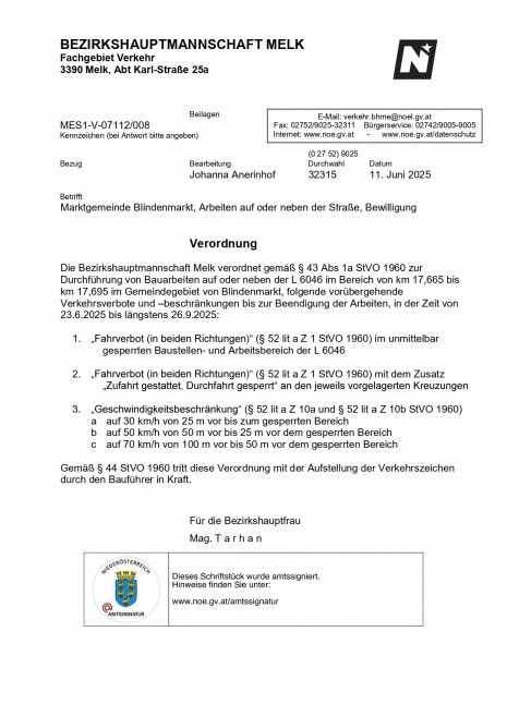 Verordnung BH Melk - Arbeiten auf oder neben der L6046 im Bereich von km 17,665 bis km 17,695 im Gemeindegebiet von Blindenmarkt_page-0001.jpg