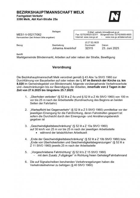 Verordnung BH Melk - Arbeiten auf oder neben der L97 im Bereich der Kirche ca. km 8,020 im Gemeindegebiet von Blindenmarkt in der Zeit von 27.06. bis längstens 25.07.2025_page-0001.jpg