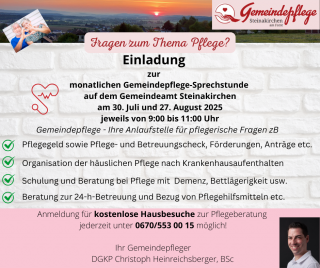 Vorankündigung monatliche Sprechstunde Steinakirchen Juli und August 2025