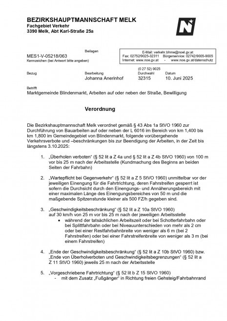 Verordnung BH Melk - Bauarbeiten auf oder neben der L6016 im Bereich von km 1,400 bis km 1,800 im Gemeindegebiet von Blindenmarkt  in der Zeit bis längstens 03.10.2025_page-0001.jpg