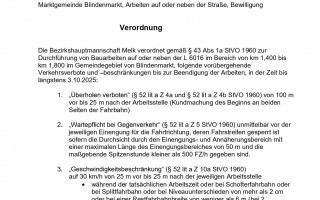 Verordnung BH Melk - Bauarbeiten auf oder neben der L6016 im Bereich von km 1,400 bis km 1,800 im Gemeindegebiet von Blindenmarkt  in der Zeit bis längstens 03.10.2025_page-0001.jpg