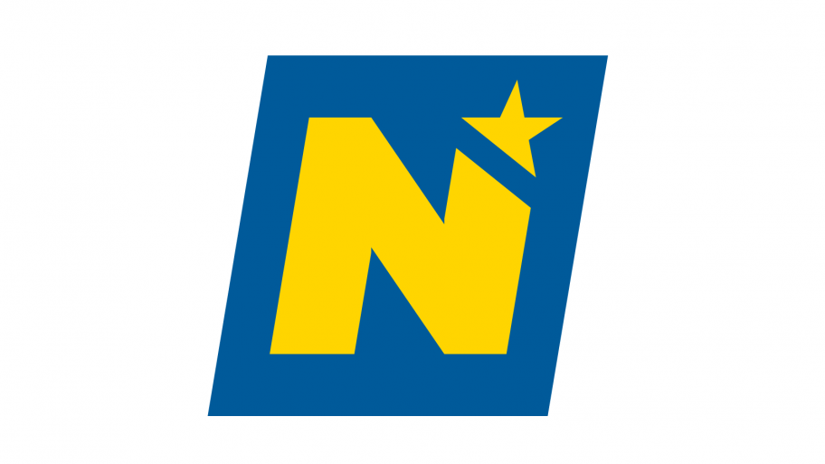 Blaues Quadrat mit gelbem Stern. Logo oder Symbol.
