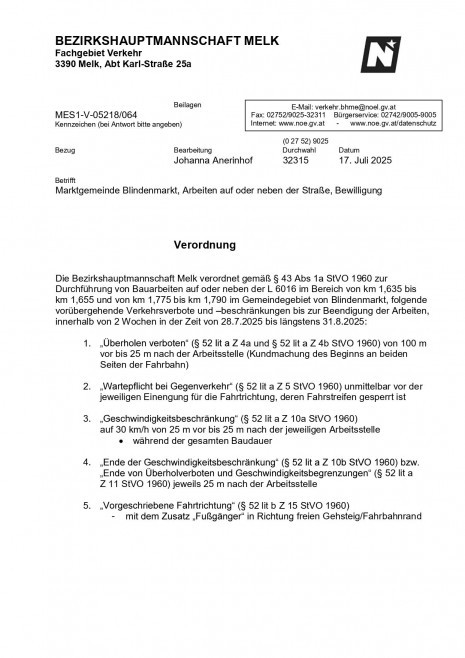 Verordnung BH Melk - Arbeiten auf oder neben der L6016 von km 1,635 bis km 1.655 und von km 1.775 bis km 1.790 im Gemeindegebiet von Blindenmarkt_page-0001.jpg