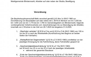 Verordnung BH Melk - Arbeiten auf oder neben der L6016 von km 1,635 bis km 1.655 und von km 1.775 bis km 1.790 im Gemeindegebiet von Blindenmarkt_page-0001.jpg