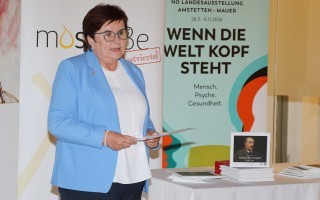 Frau zeigt eine blaue Broschüre auf einem Tisch mit bunten geometrischen Elementen.