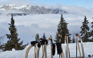 Schneebedeckte Pisten mit Skirosen vor verschneiten Bergen im Hintergrund.