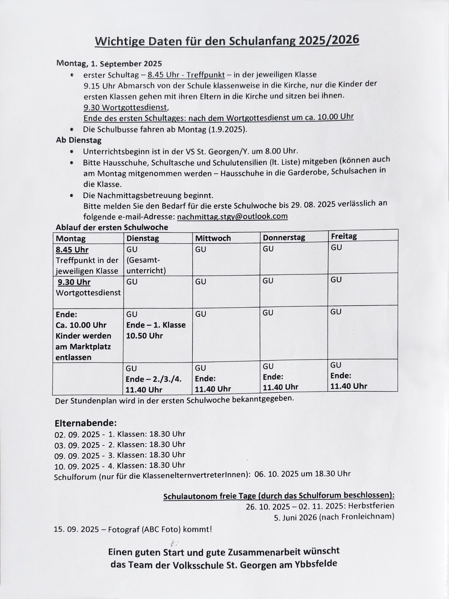 Unterrichtsbeginn in der VS St. Georgen, 09.09.2025, 8:00 Uhr.