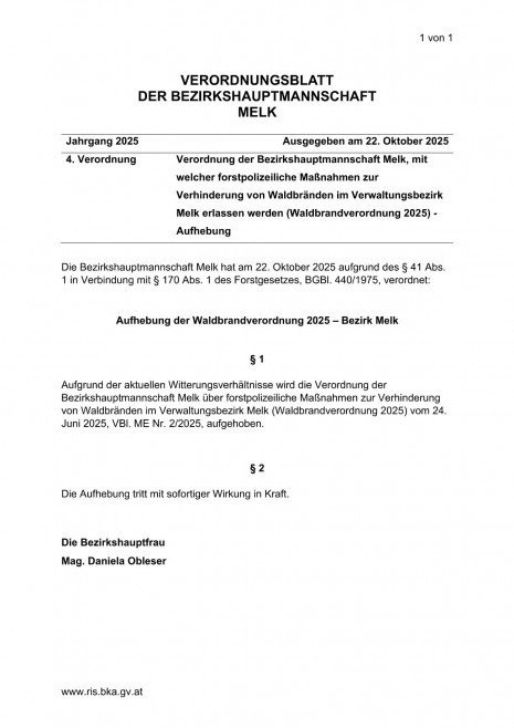 Verordnungsblatt der Bezirkshauptmannschaft Melk - Aufhebung Waldbrandverordnung_page-0001.jpg
