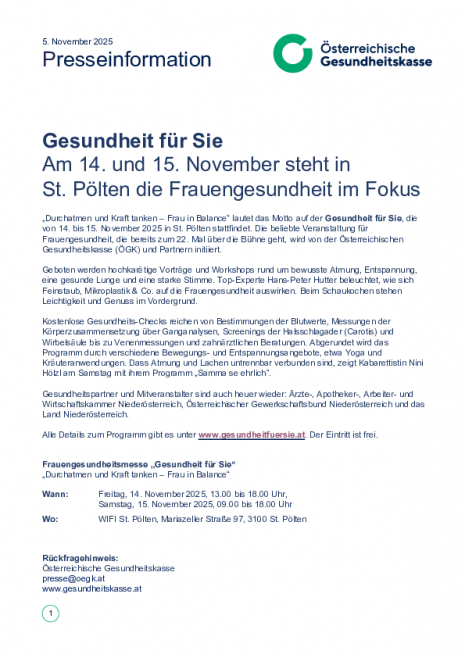 20251105_PI_Frauengesundheitsmesse_Gesundheit für Sie_14. und15.11. in St. Pölten.pdf