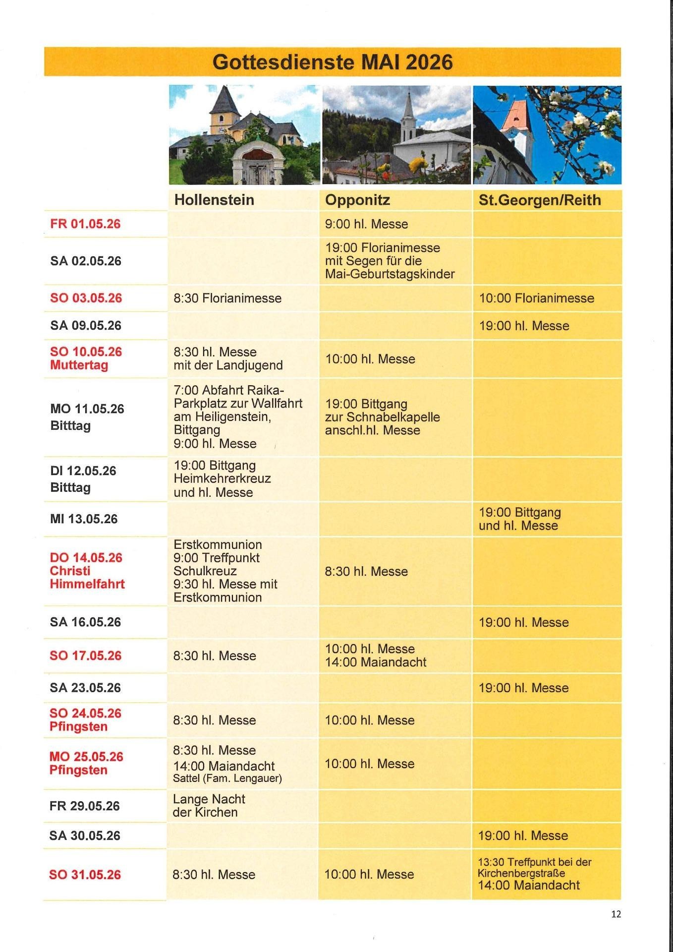 Gottesdienste Mai