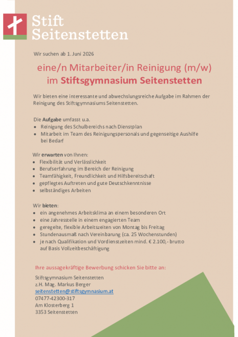 Stellenausschreibung Reinigung Stiftsgymnasium Juni 2026