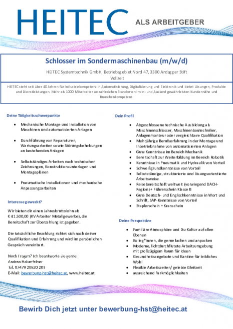 Stelleninserat Schlosser