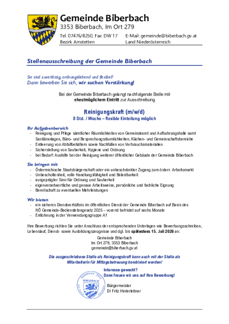Stellenausschreibung-Reinigungskraft 2026