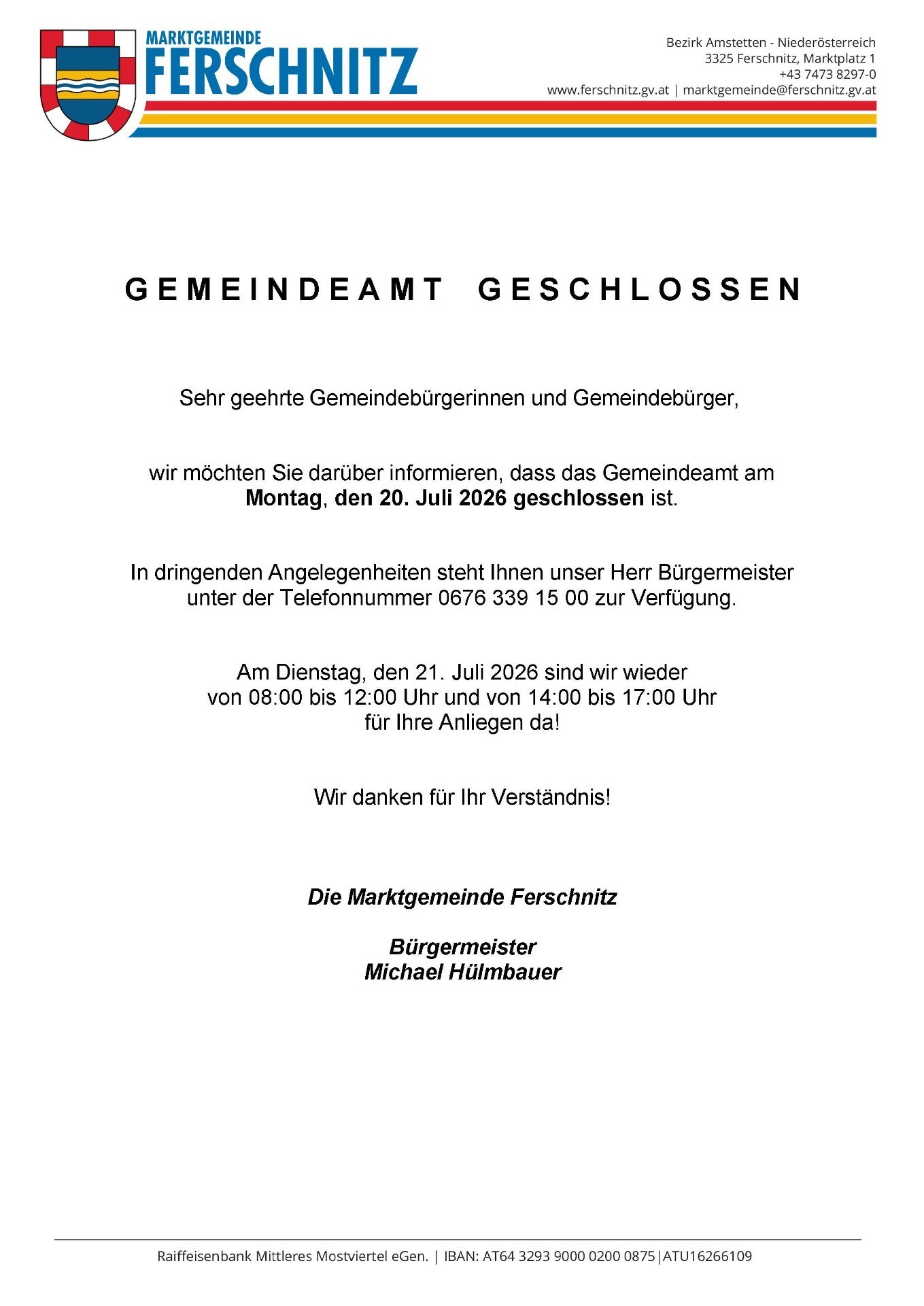 Gemeindeamt geschlossen