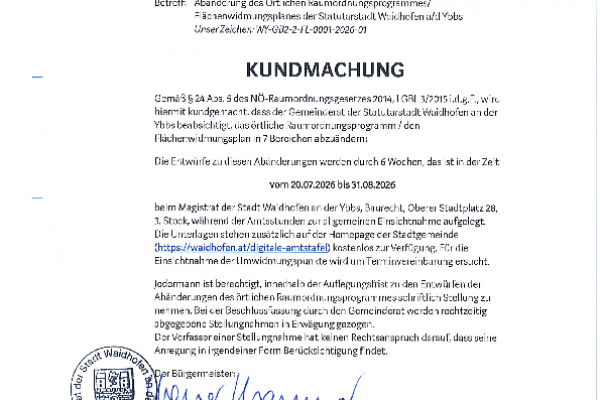 Kundmachung Änderung Raumordnungsprogramm Waidhofen an der Ybbs