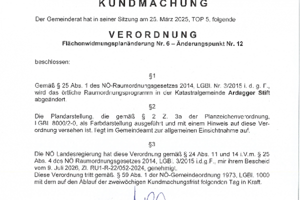 Kundmachung - Flächenwidmungsplanänderung Nr. 6 - Änderungspunkt Nr. 12