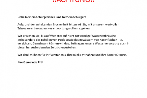 Achtung Wasserknappheit 30.07.2026