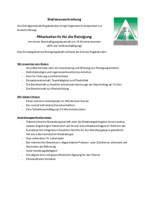 2026 Mitarbeiter Reinigung Schule Rogatsboden