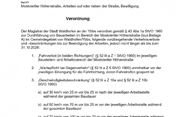 Mostviertler Höhenstraße- Arbeiten auf, oder neben der Straße- Bewilligung