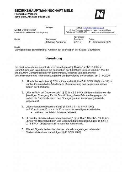 Verordnung BH Melk  - Arbeiten auf oder neben der L6016 im Bereich von km 1,900 bis km 2,000 im Gemeindegebiet von Blinbdenmarkt_page-0001