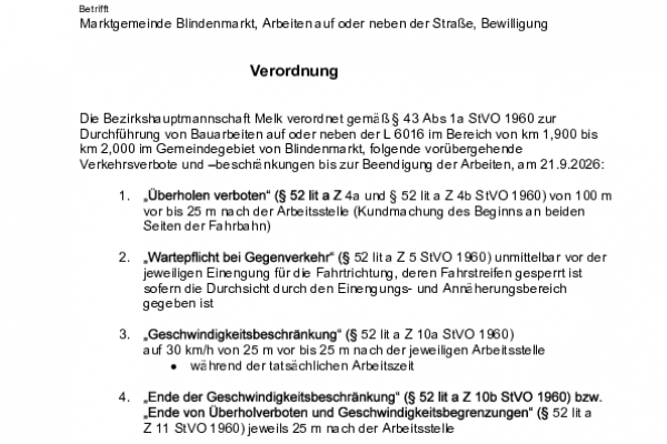 Verordnung BH Melk  - Arbeiten auf oder neben der L6016 im Bereich von km 1,900 bis km 2,000 im Gemeindegebiet von Blinbdenmarkt