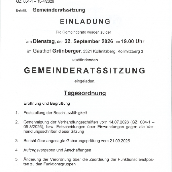 Einladung und Tagesordnung - Gemeinderatssitzung 22.09.2026, 19.00 Uhr - Gasthof Grünberger - Amtstafel