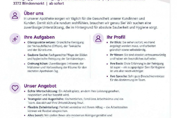 Stellenausschreibung Apotheke Blindenmarkt