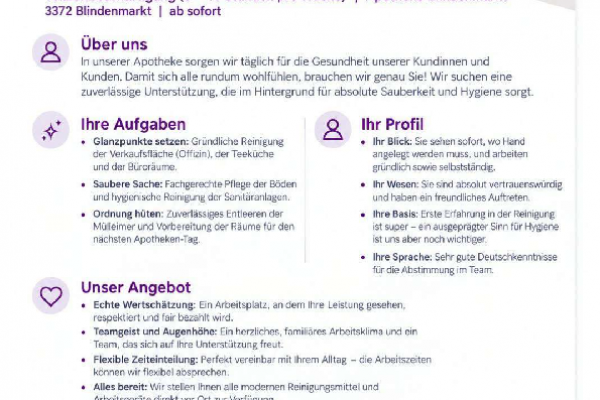 Stellenausschreibung Apotheke Blindenmarkt