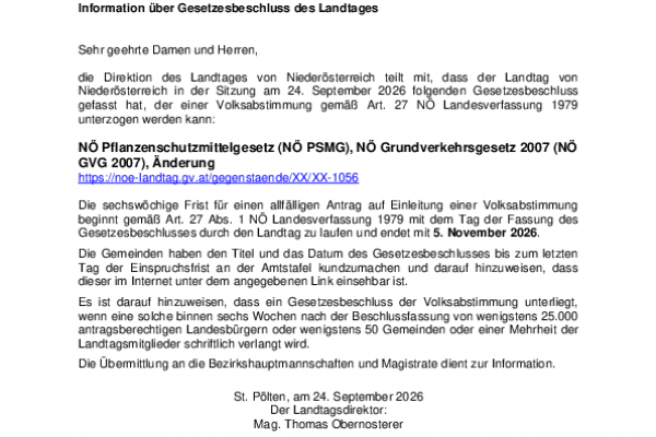 Information über Gesetzesbeschluss des Landtages