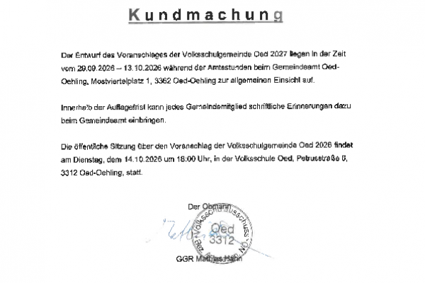 Kundmachung VSG Oed VA2027 unterzeichnet