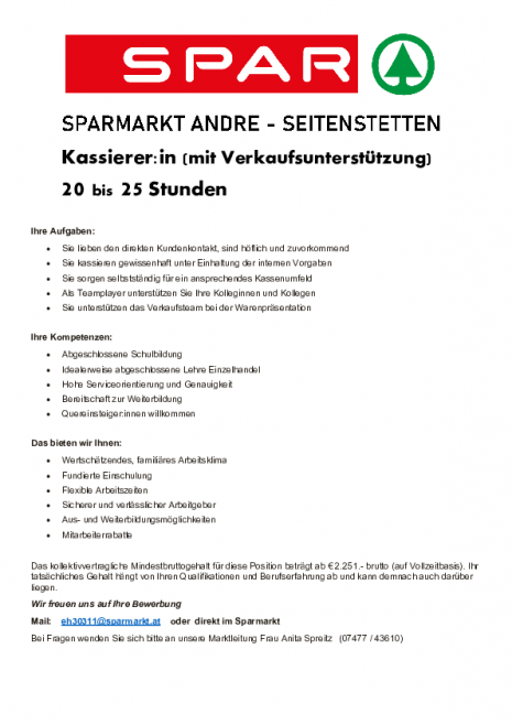 Inserat Marktmitarbeiter KassiererIn - Sparmarkt Seitenstetten