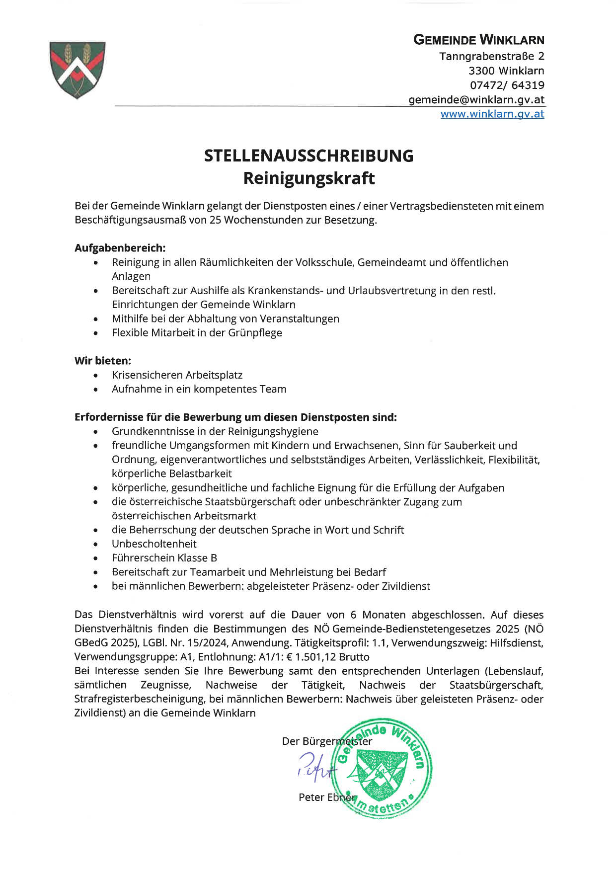 Stellenausschreibung Reinigungskraft