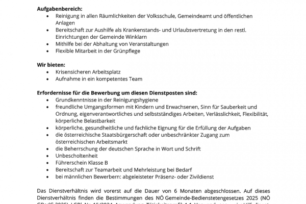 Stellenausschreibung Reinigungskraft