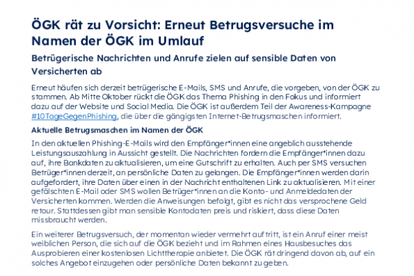 20261013_PA_ÖGK rät zu Vorsicht_Erneut Betrugsversuche im Namen der ÖGK im Umlauf