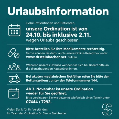 Urlaubsinformation Dr. Simon Steinbacher
