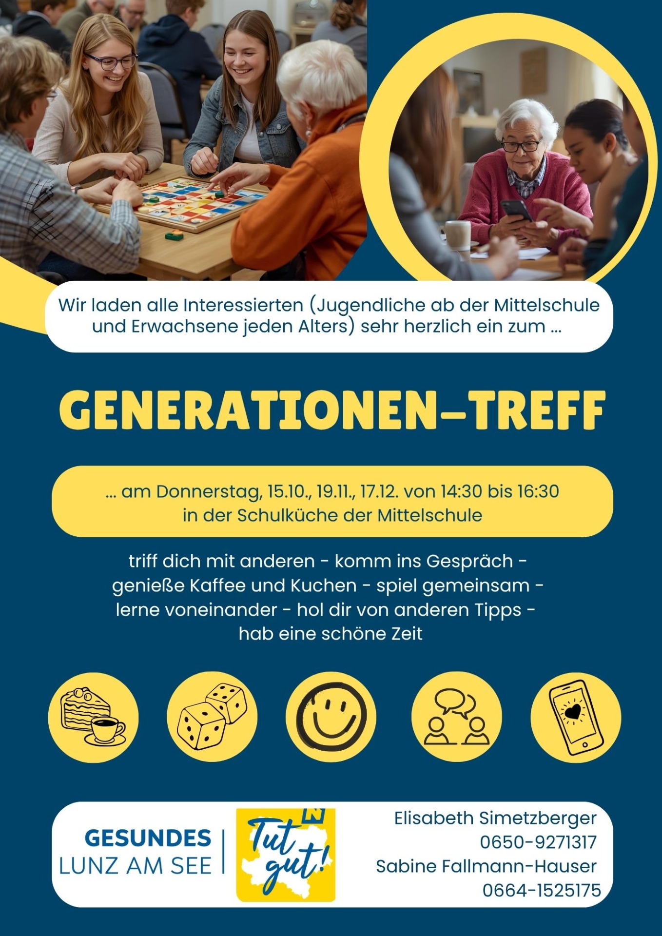 Generationen-Treff in Lunz am See: Jugendliche und Erwachsene spielen und genießen Kaffee.