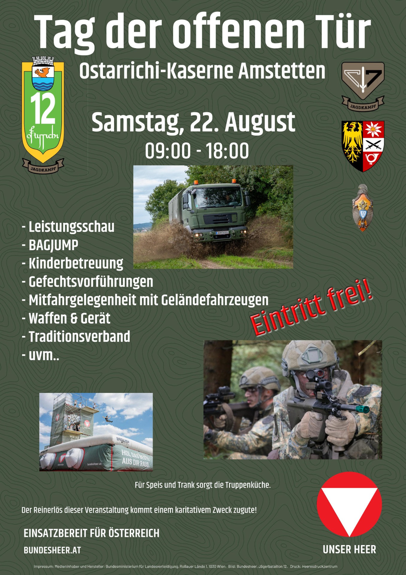 Tag der offenen Tür der Ostarrichi-Kaserne Amstetten mit Militärfahrzeugen, Soldaten und BAGJUMP