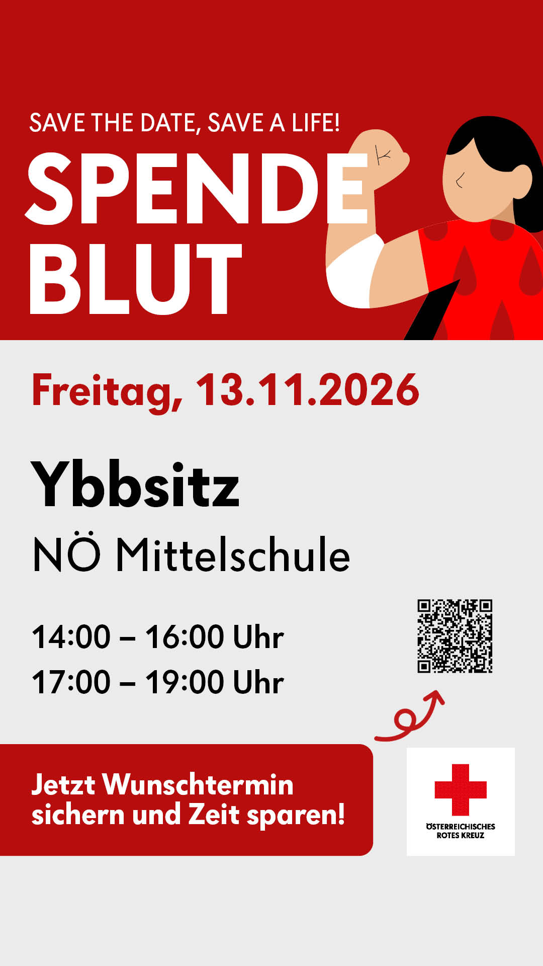 Blutspende Ybbsitz NÖ Mittelschule am 13.11.2026 von 14-16 und 17-19 Uhr